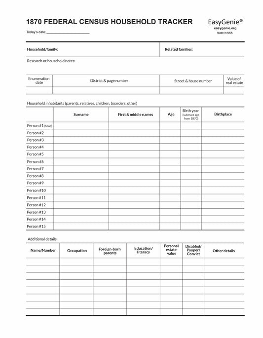 Genealogy PDF Download: 1870 Federal Census Household Tracker (Helvetica, 8.5 x inches)