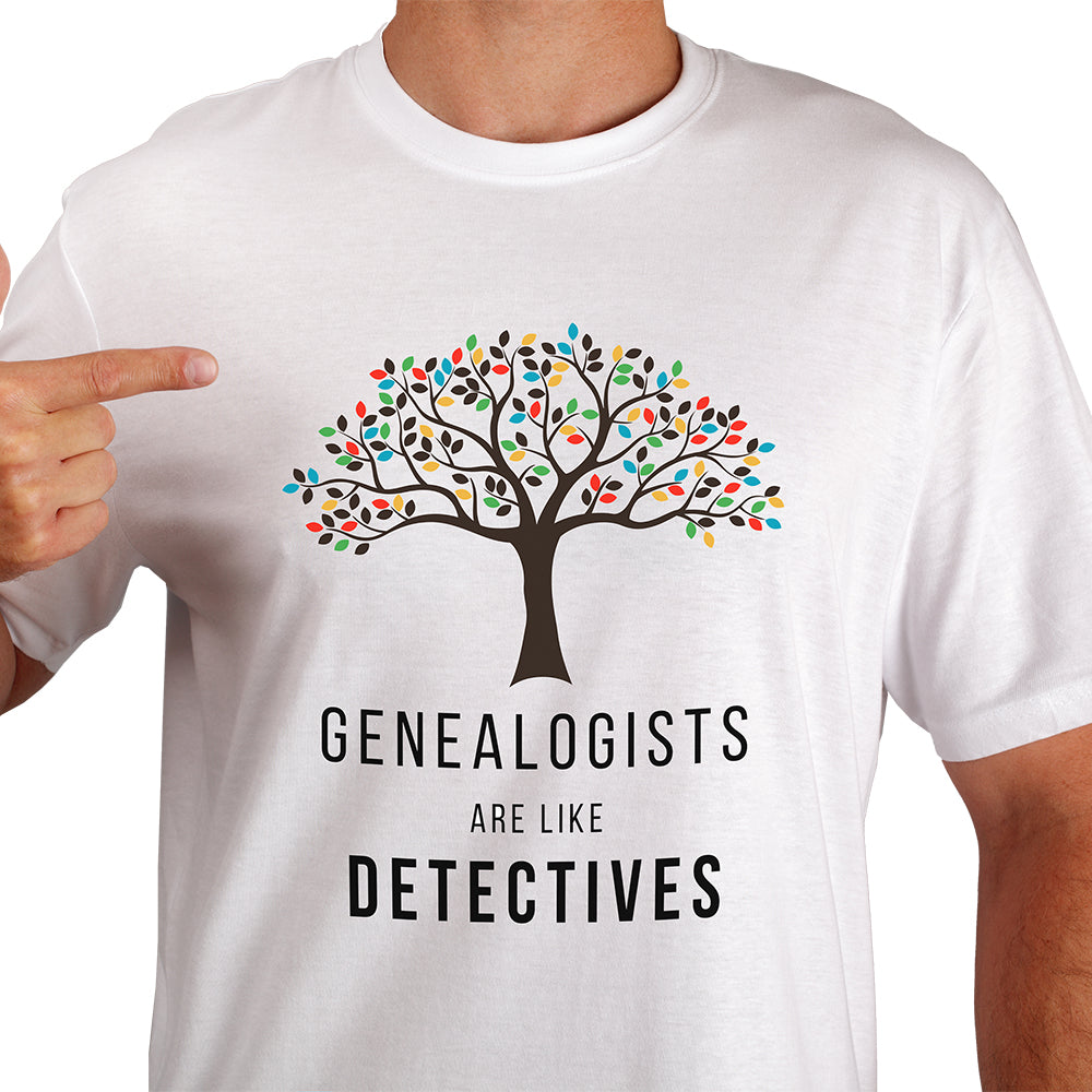 Genealogy T-Shirt: Tree design & "Genealogists are like detectives"