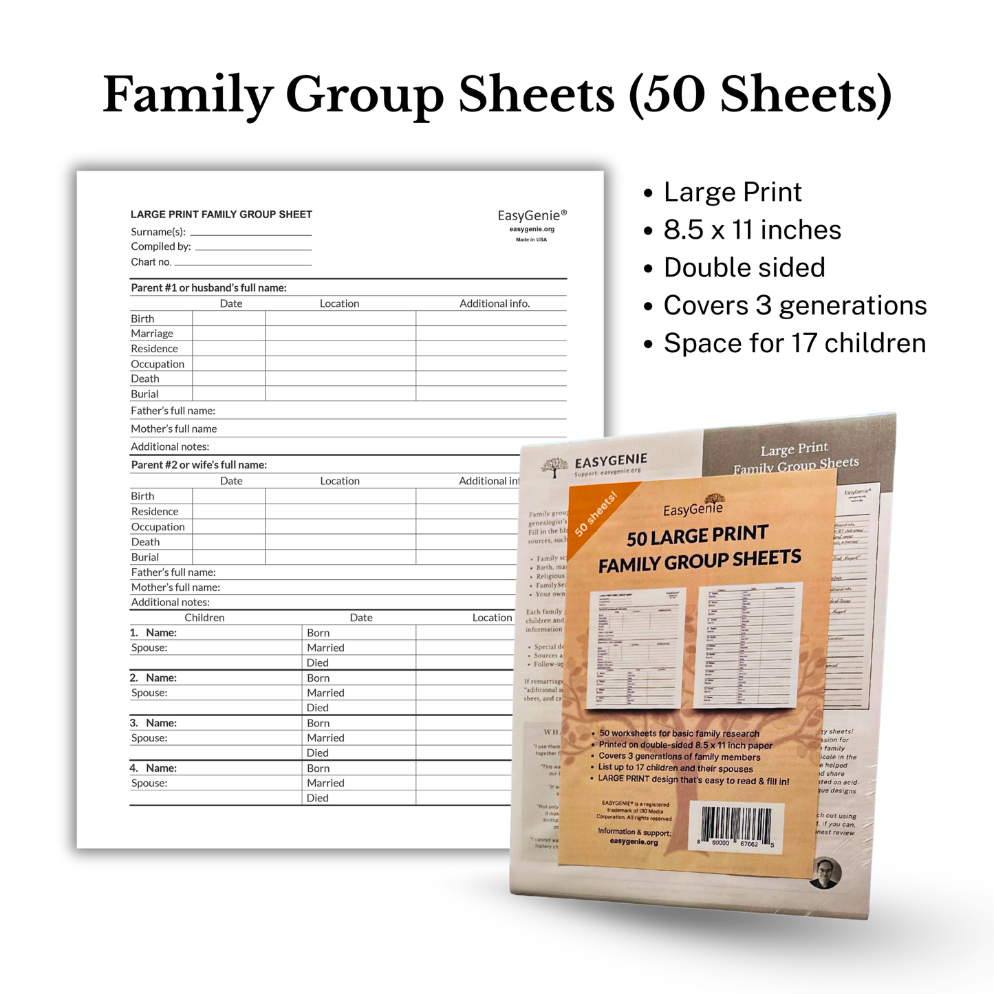BULK ORDER large print Family Group Sheets for Genealogists (50 sheets)