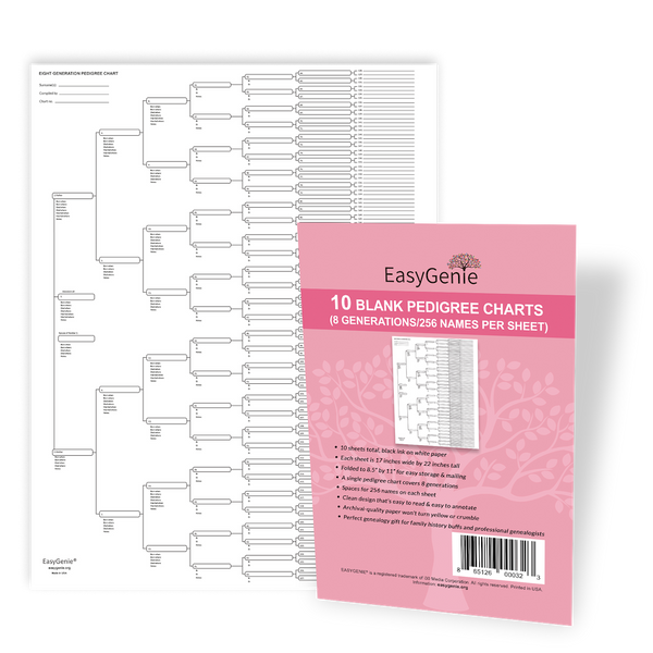 TEN Blank Pedigree Charts (8 generations/256 names per sheet) TEN Blank Pedigree Charts (8 generations/256 names per sheet)