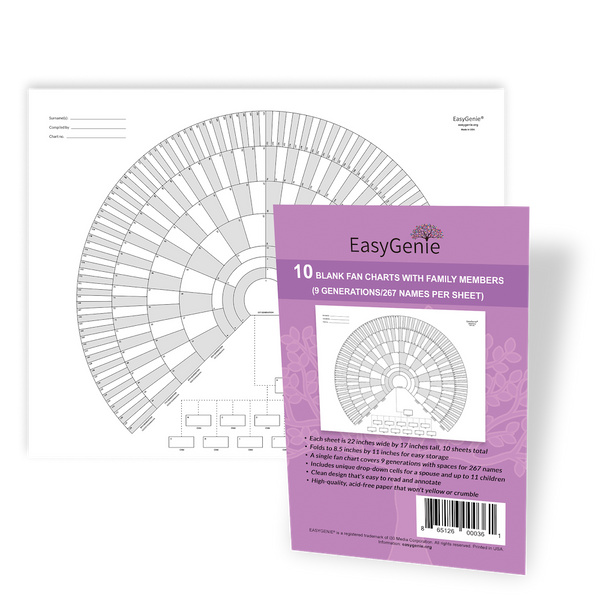TEN Blank Fan Charts with Family Members (9 Generations/267 Names)