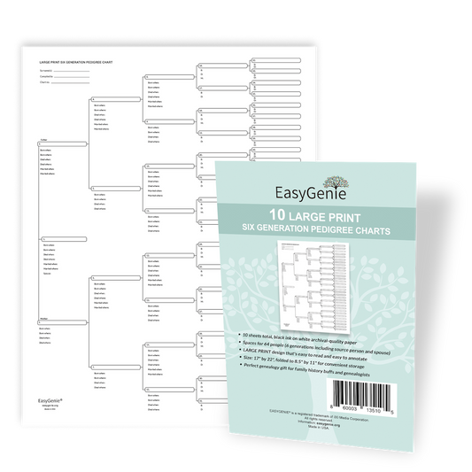 Pedigree charts | 6-generation charts for tracking ancestry (10 LARGE PRINT sheets)