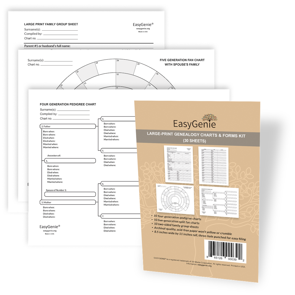 EASYGENIE Large-Print Genealogy Charts and Forms Kit (30 Sheets) Includes 10 Pedigree Charts, 10 Fan Charts, and 10 Family Group Sheets