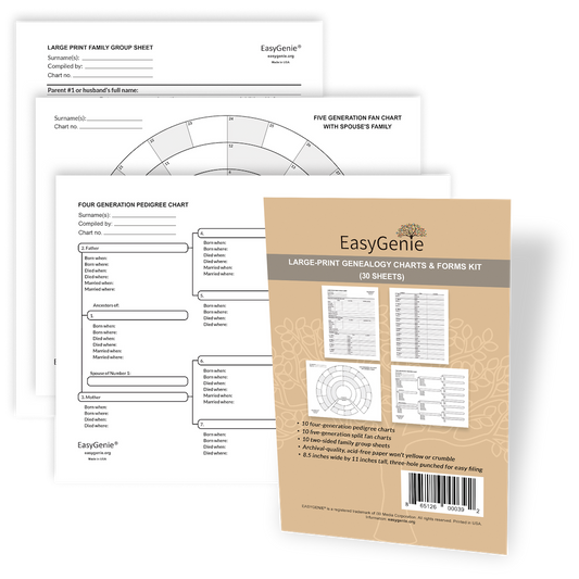 Large-Print Genealogy Charts and Forms Kit (30 Sheets)