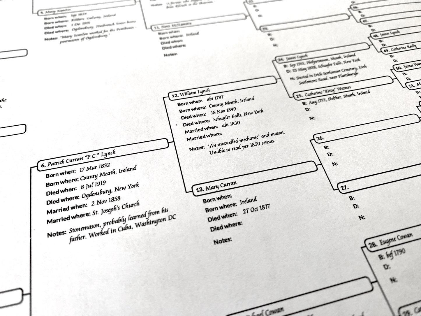 Genealogy PDF: 6 Generation Pedigree Chart, Cursive Text Entry (Aramis, 17 x 22 inches)