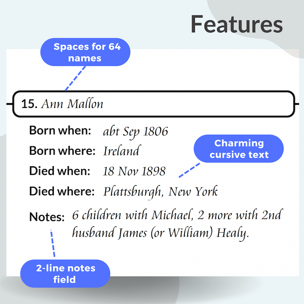Genealogy PDF: 6 Generation Pedigree Chart, Cursive Text Entry (Aramis, 17 x 22 inches)