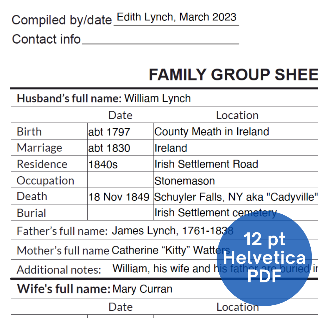 Genealogy PDF Download: Fillable Family Group Sheet (Helvetica, 8.5 x 11 inches)