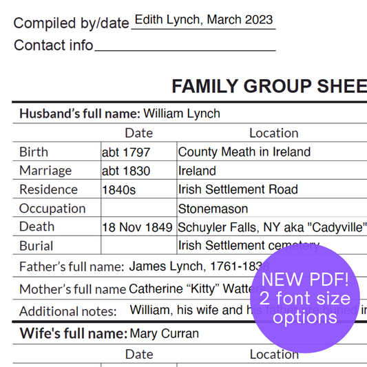 Genealogy PDF Download: Fillable Family Group Sheet (Helvetica, 8.5 x 11 inches)