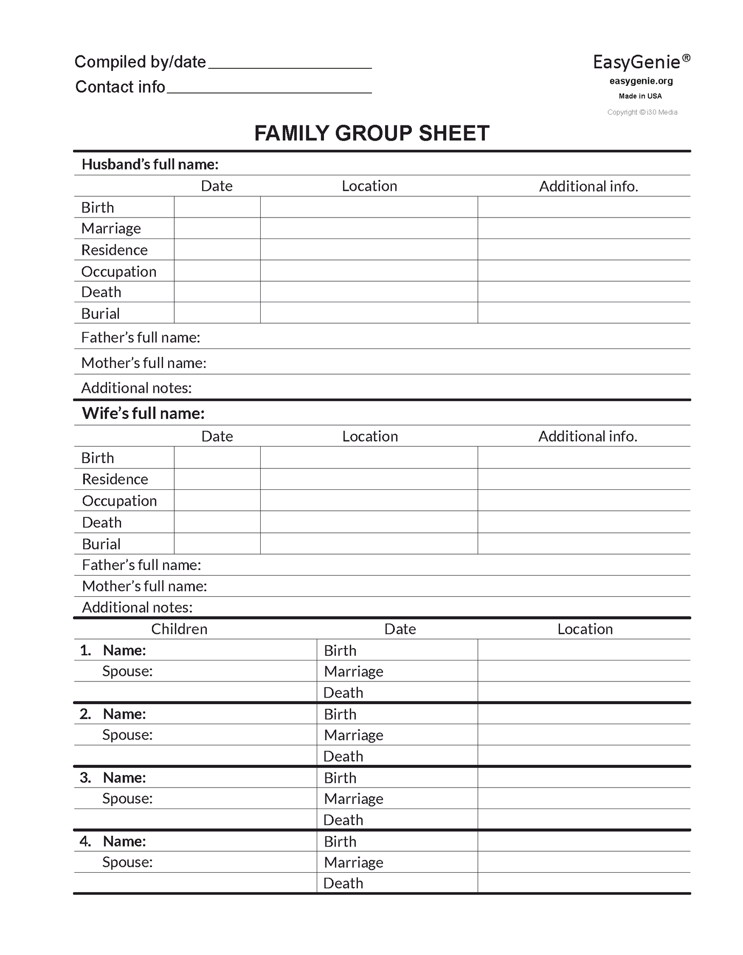 Genealogy PDF Download: Fillable Family Group Sheet (Helvetica, 8.5 x 11 inches)