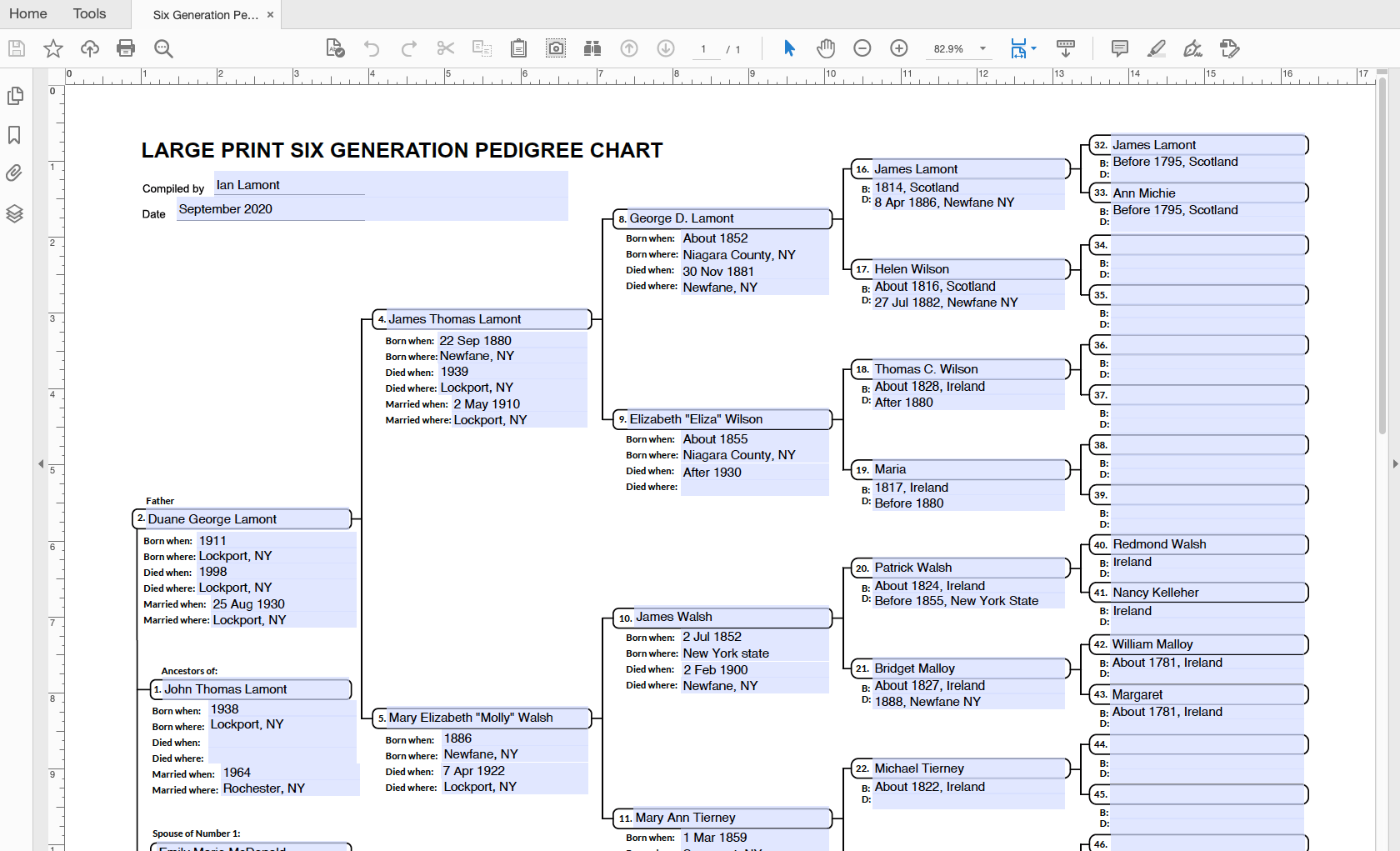 Genealogy PDF: 6 Generation Pedigree Chart, Cursive Text Entry (Aramis, 17  x 22 inches)