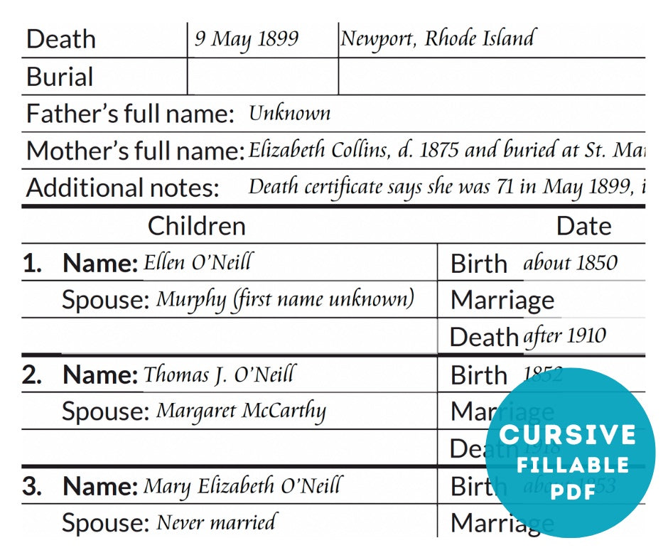 New genealogy PDF: family group sheet that takes typed cursive-style text!