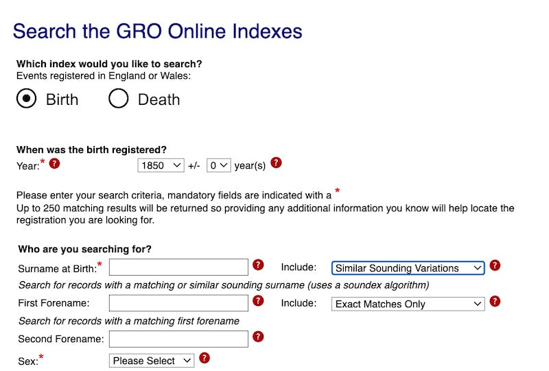 Using the GRO database with an American credit card to download English birth/marriage/death records