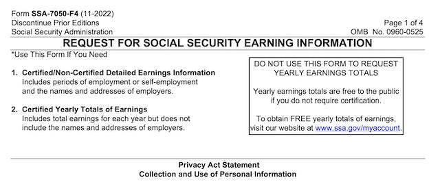 Social Security form SSA-7050 sample for requesting parent's work history