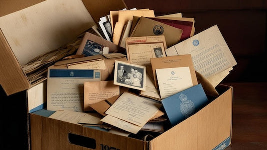 overflowing box of old documents and photos