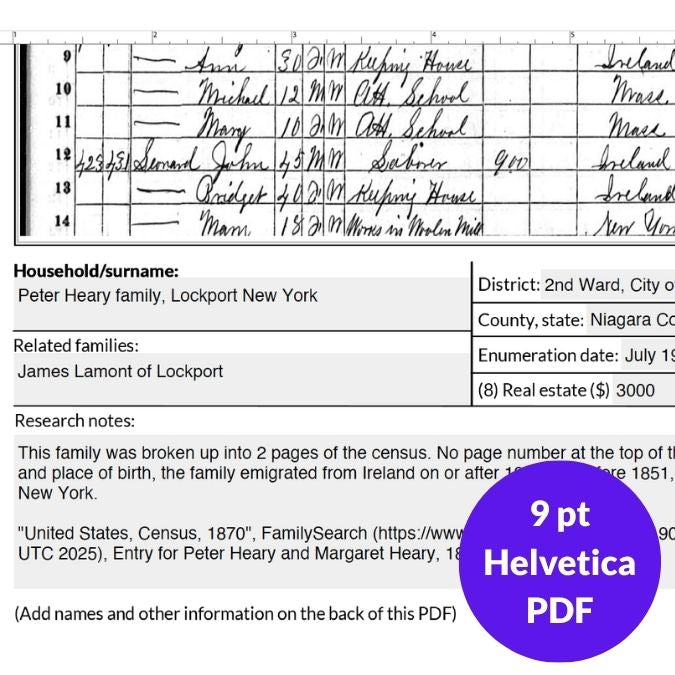 Genealogy PDF Download: 1870 Federal Census Family Tracker (Helvetica, 8.5 x 11 inches)