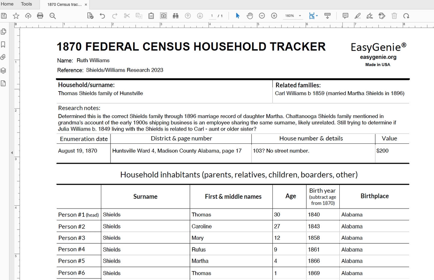 Genealogy PDF Download: 1870 Federal Census Household Tracker (Helvetica, 8.5 x inches)