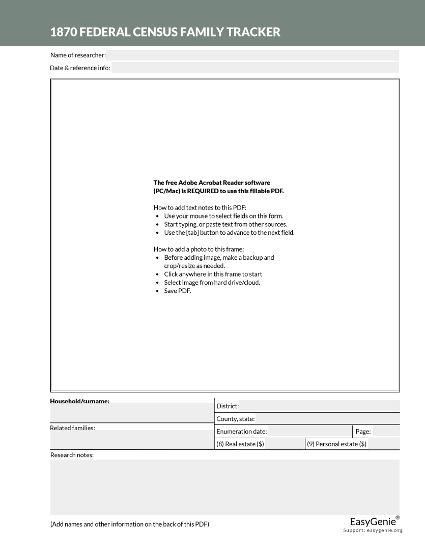 Genealogy PDF Download: 1870 Federal Census Family Tracker (Helvetica, 8.5 x 11 inches)