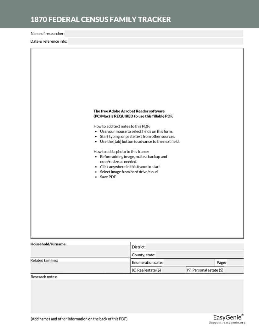 Genealogy PDF Download: 1870 Federal Census Family Tracker (Helvetica ...