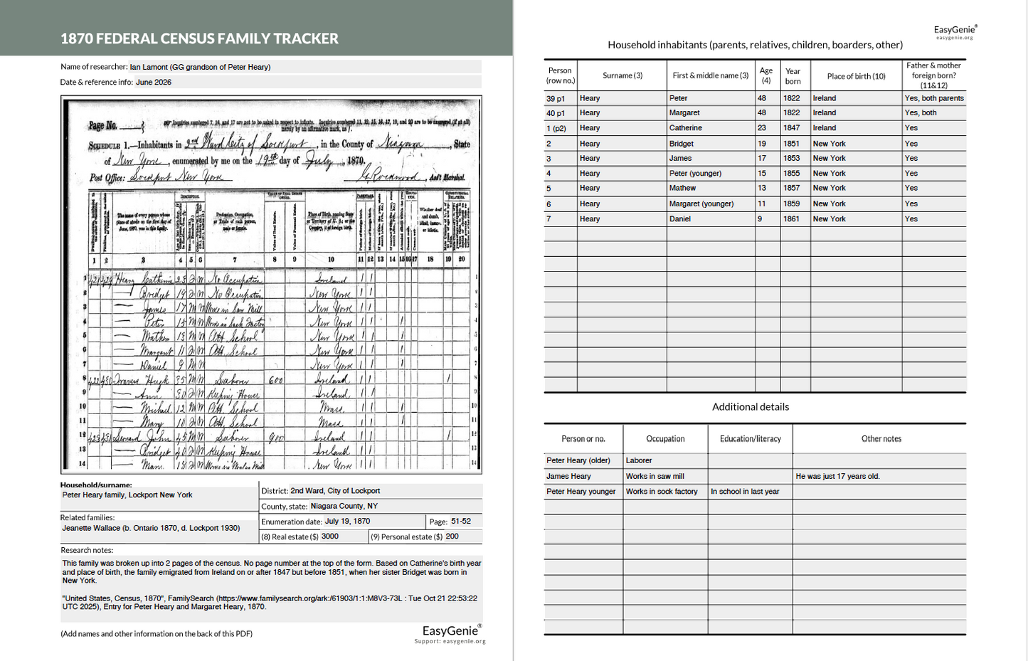 Genealogy PDF Download: 1870 Federal Census Family Tracker (Helvetica, 8.5 x 11 inches)