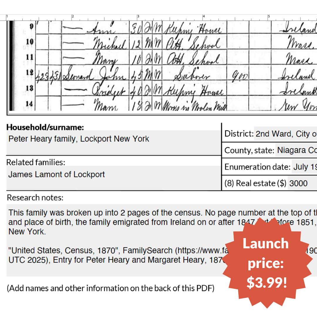 Genealogy PDF Download: 1870 Federal Census Family Tracker (Helvetica, 8.5 x 11 inches)