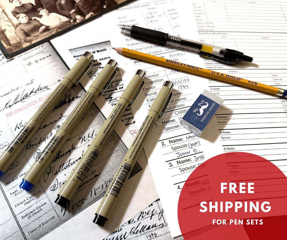 Archival-quality pen and pencil set for genealogy (7 pieces)