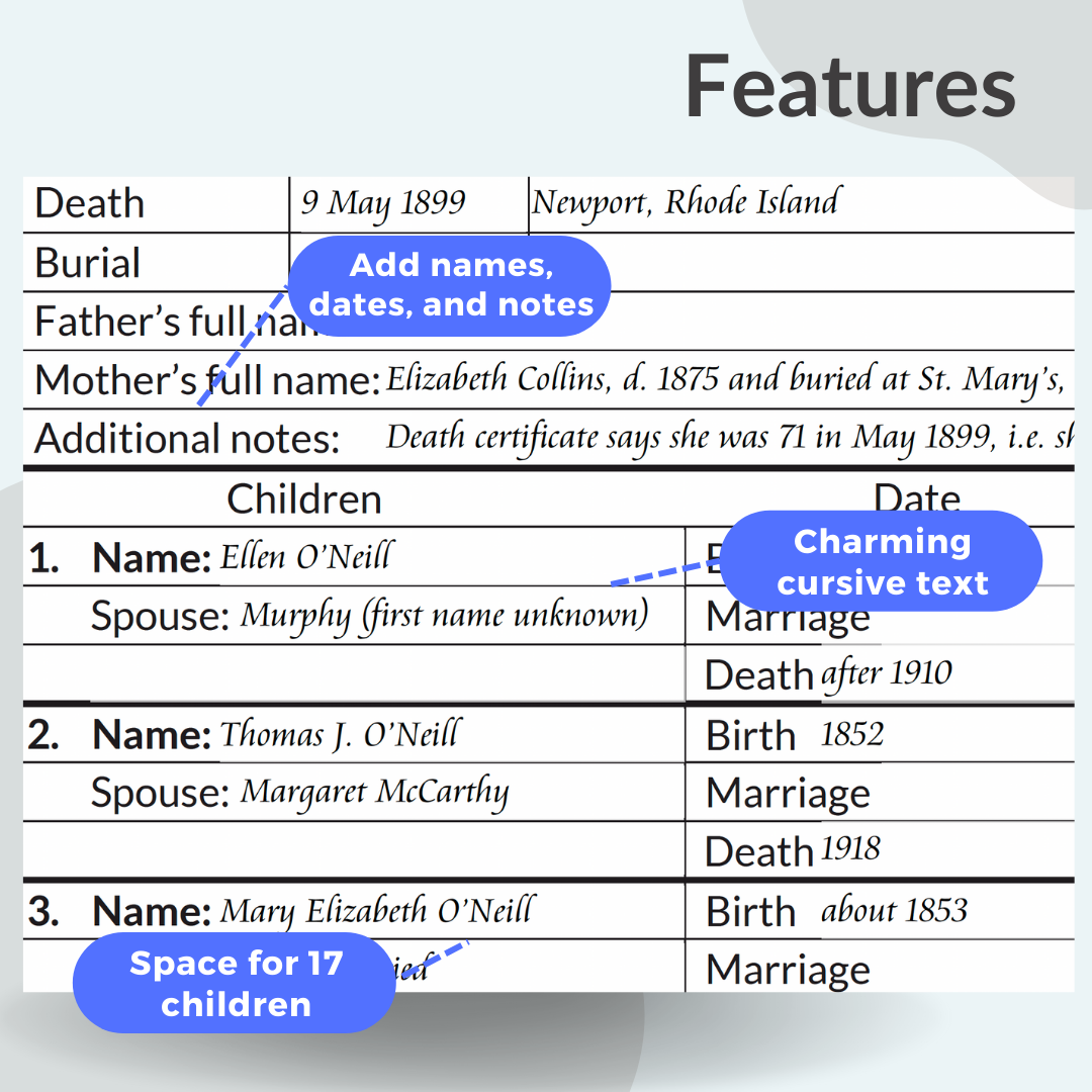 Genealogy PDF Download: Fillable Family Group Sheet (Aramis, 8.5 x 11 inches)