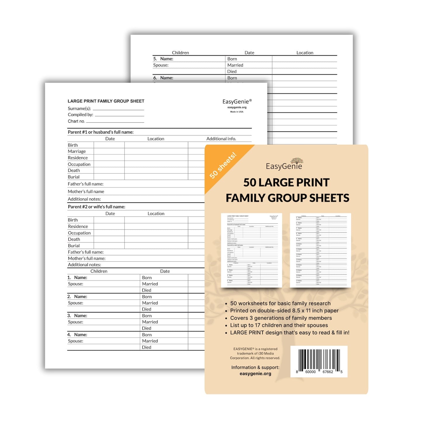 BULK ORDER large print Family Group Sheets for Genealogists (50 sheets)