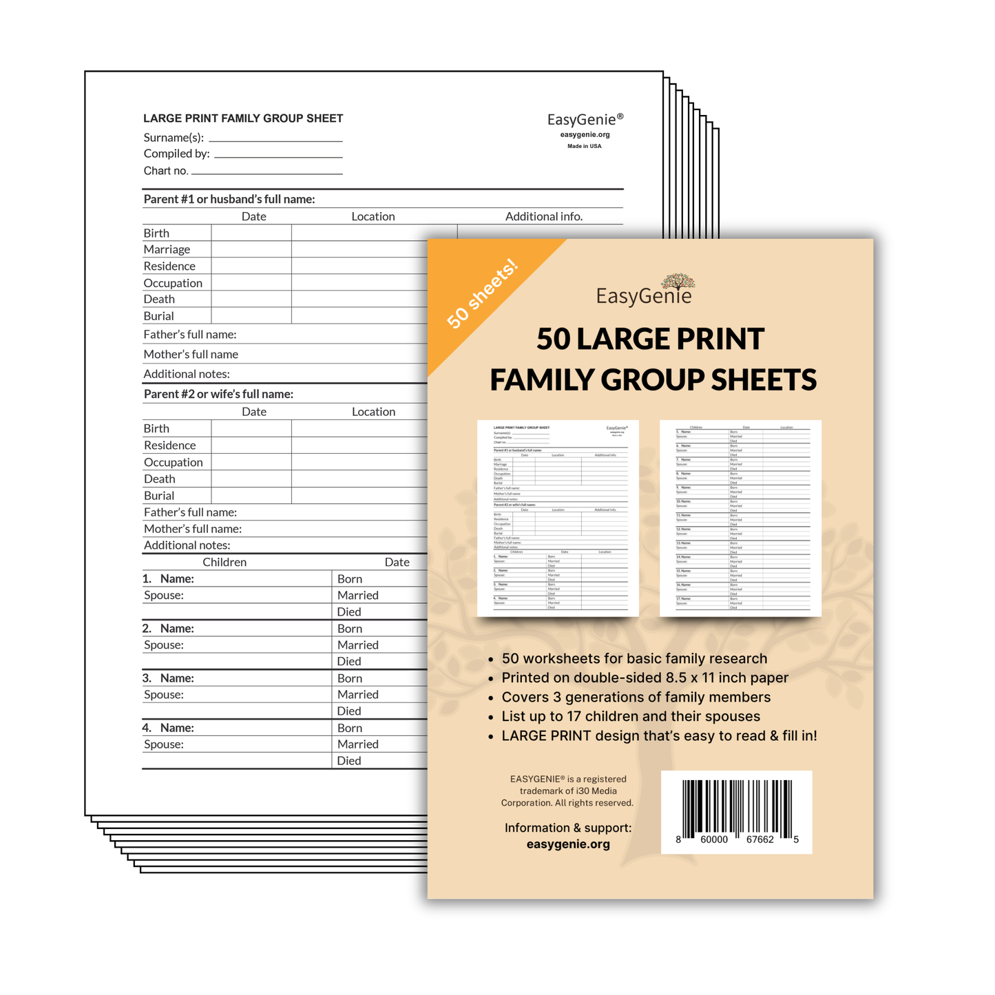 BULK ORDER large print Family Group Sheets for Genealogists (50 sheets)