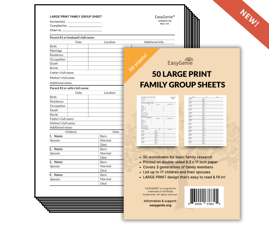 BULK ORDER large print Family Group Sheets for Genealogists (50 sheets)