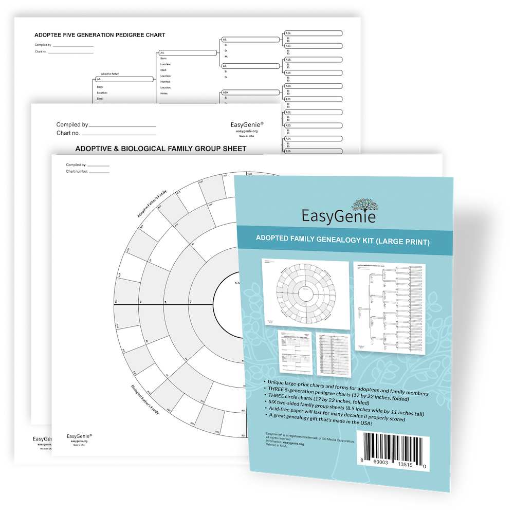 Adopted Family Genealogy Kit (12 Large Print Sheets, Instructions Included)