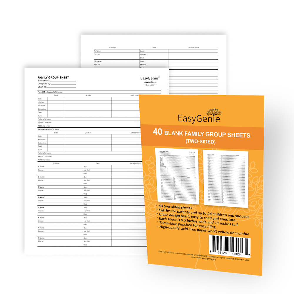 EasyGenie Blank Two-Sided Family Group Sheets for Genealogy (40 sheets)