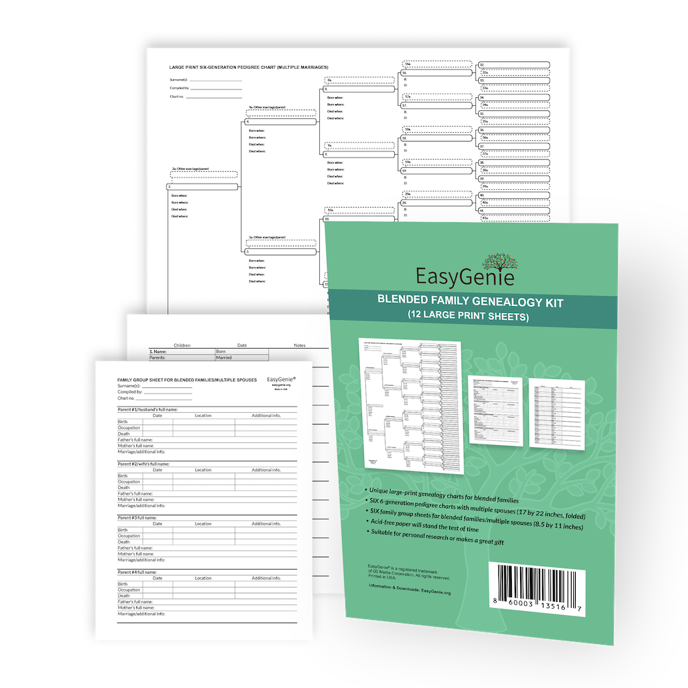 Blended Family Genealogy Kit with Multiple Spouses (12 Large Print Sheets)