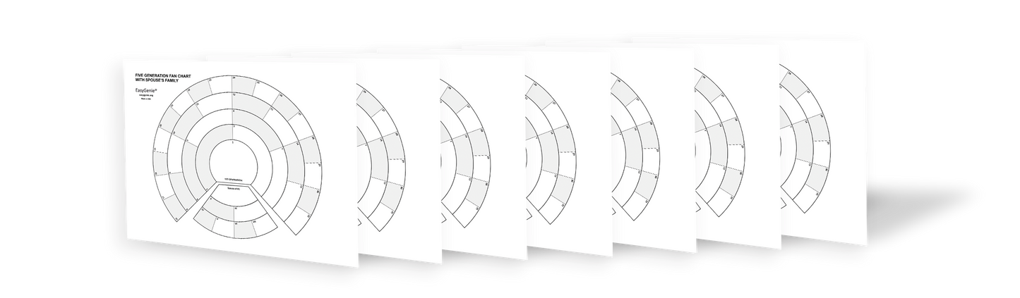 LARGE PRINT Five Generation Split Fan Charts for Genealogists (7-pack)