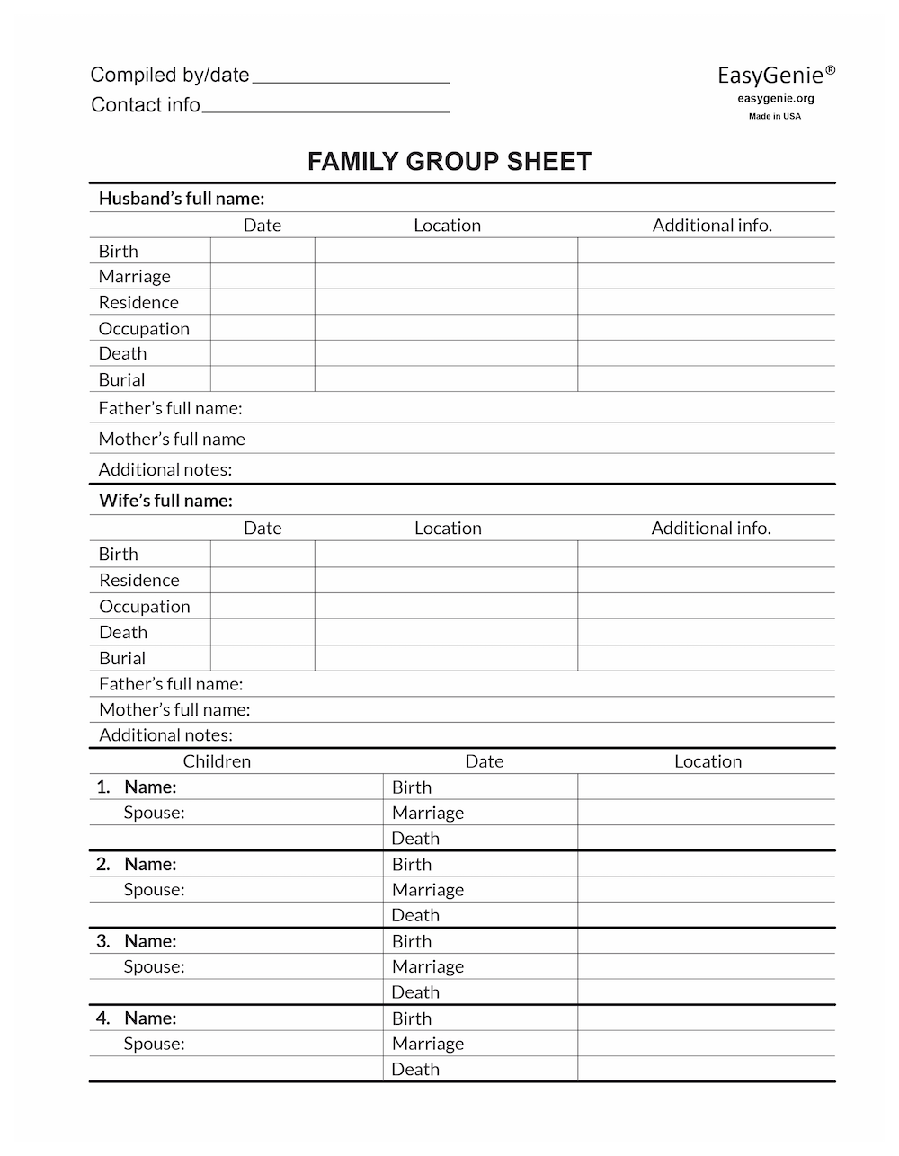 Pedigree worksheet PDF set | LARGE PRINT fillable pedigree chart & family group sheet