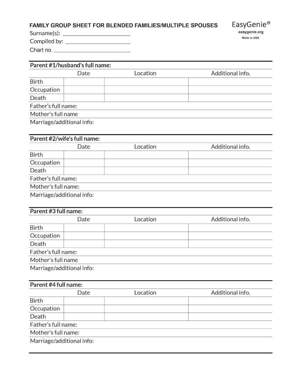 Blended Family Genealogy Kit with Multiple Spouses (12 Large Print Sheets)