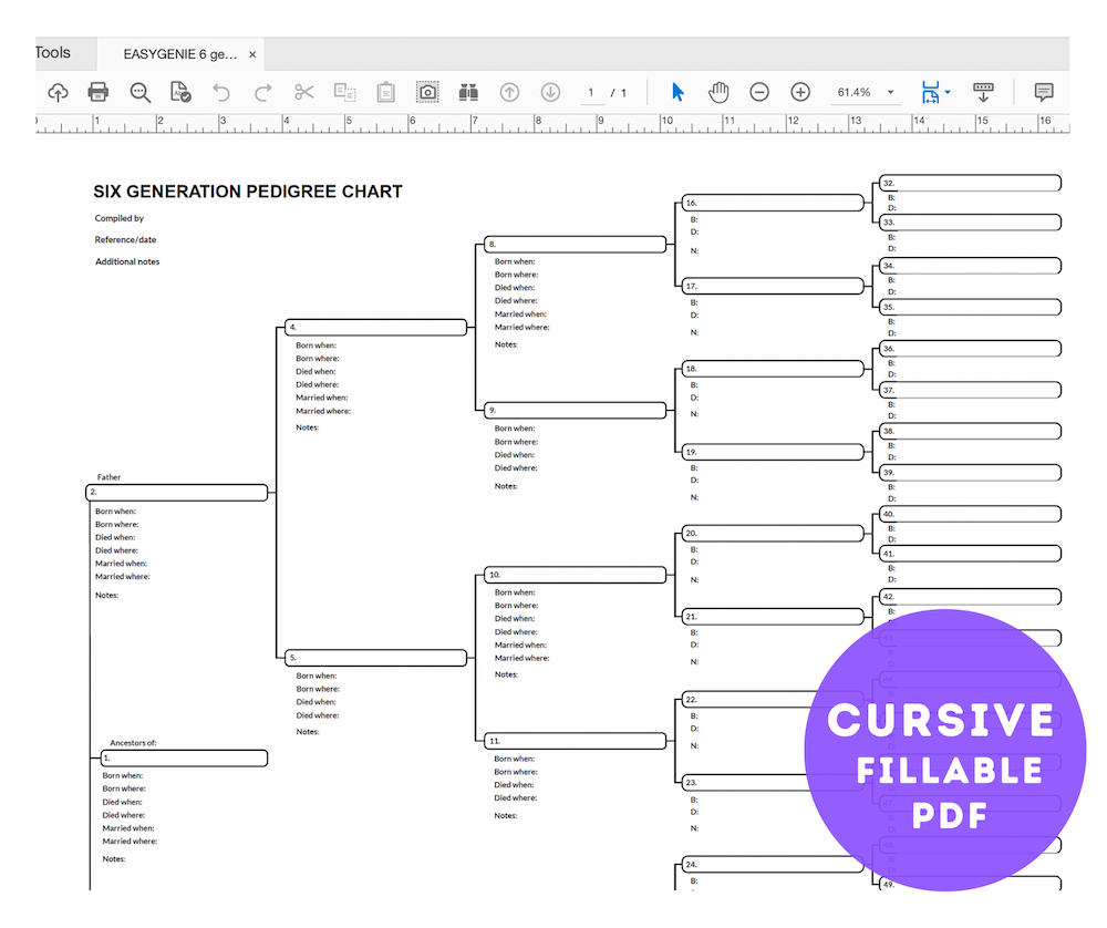 Genealogy PDF: 6 Generation Pedigree Chart, Cursive Text Entry (Aramis, 17 x 22 inches)
