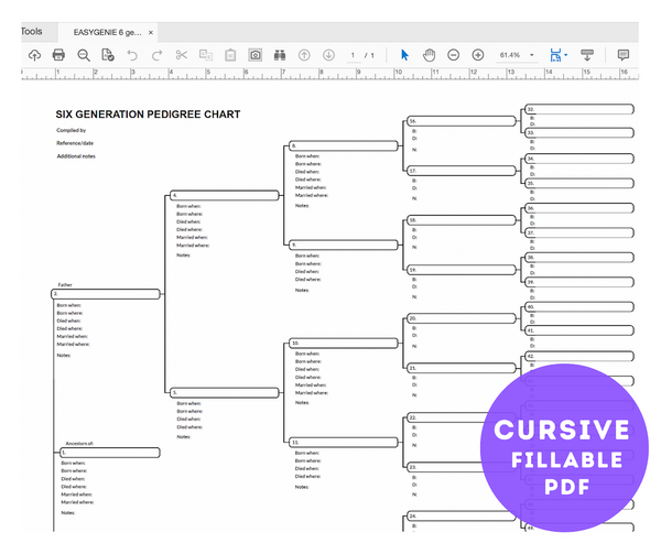 Genealogy PDF: 6 Generation Pedigree Chart, Cursive Text Entry (Aramis ...