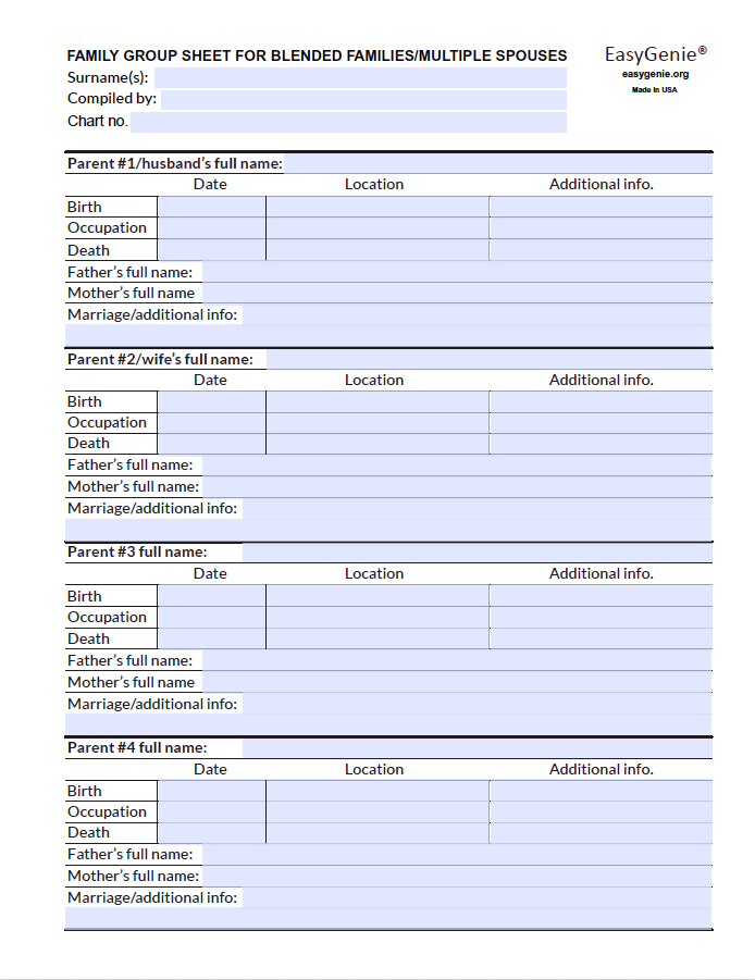 PDF Download: Blended Family Genealogy Forms Kit (2 Forms with Multiple Spouses)