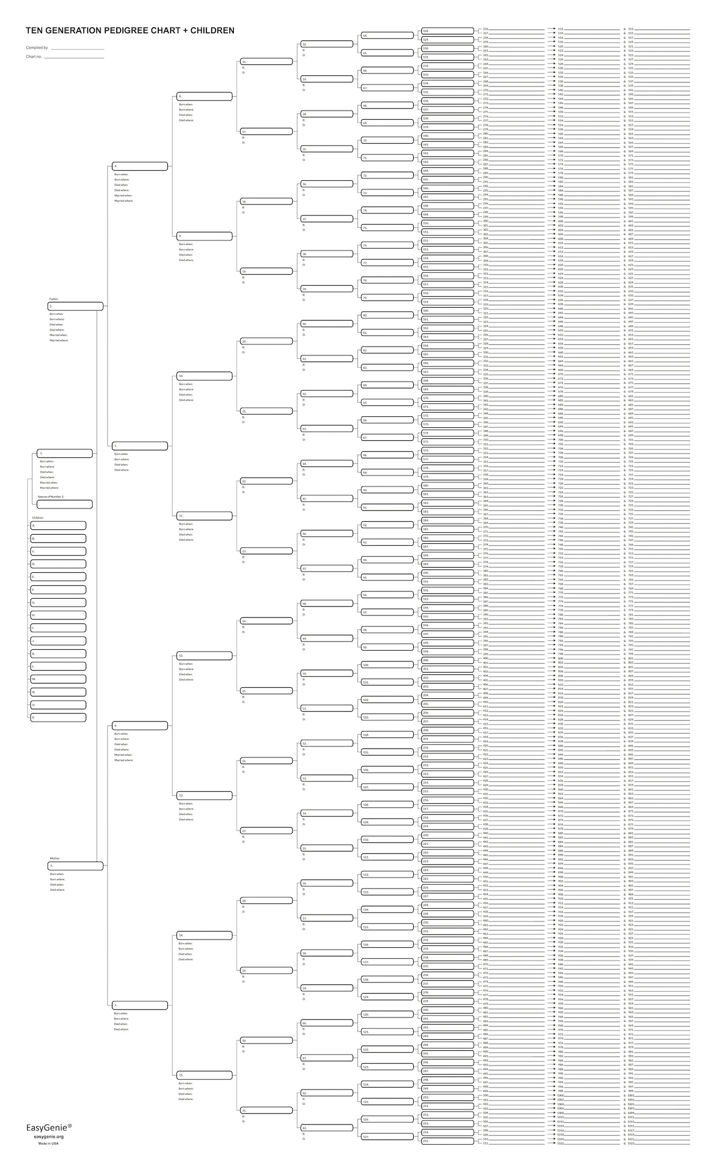 Generations Chart - map 10 generations of ancestry (3 sheets)